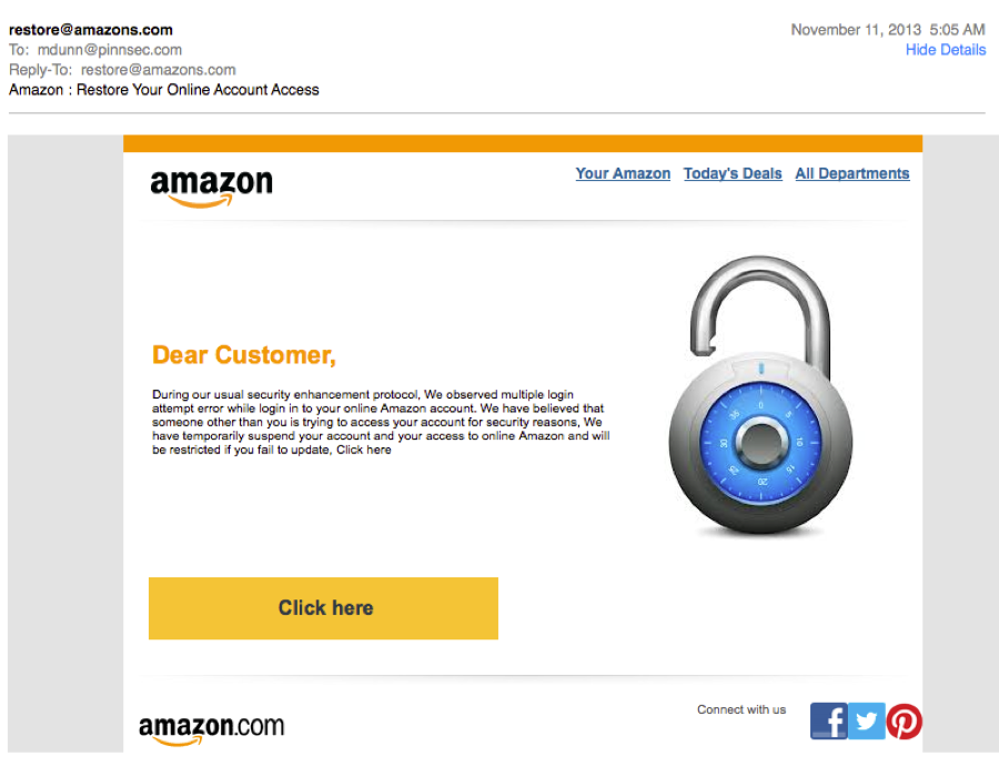 Amazon phishing email example