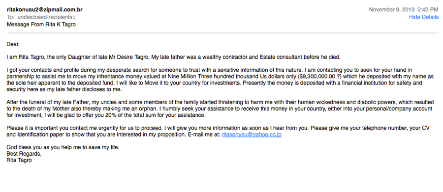 Version of Nigerian Prince spam email